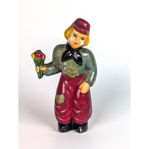 Vintage Chalkware Hand Painted Boy with Flowers Figurine 1950s